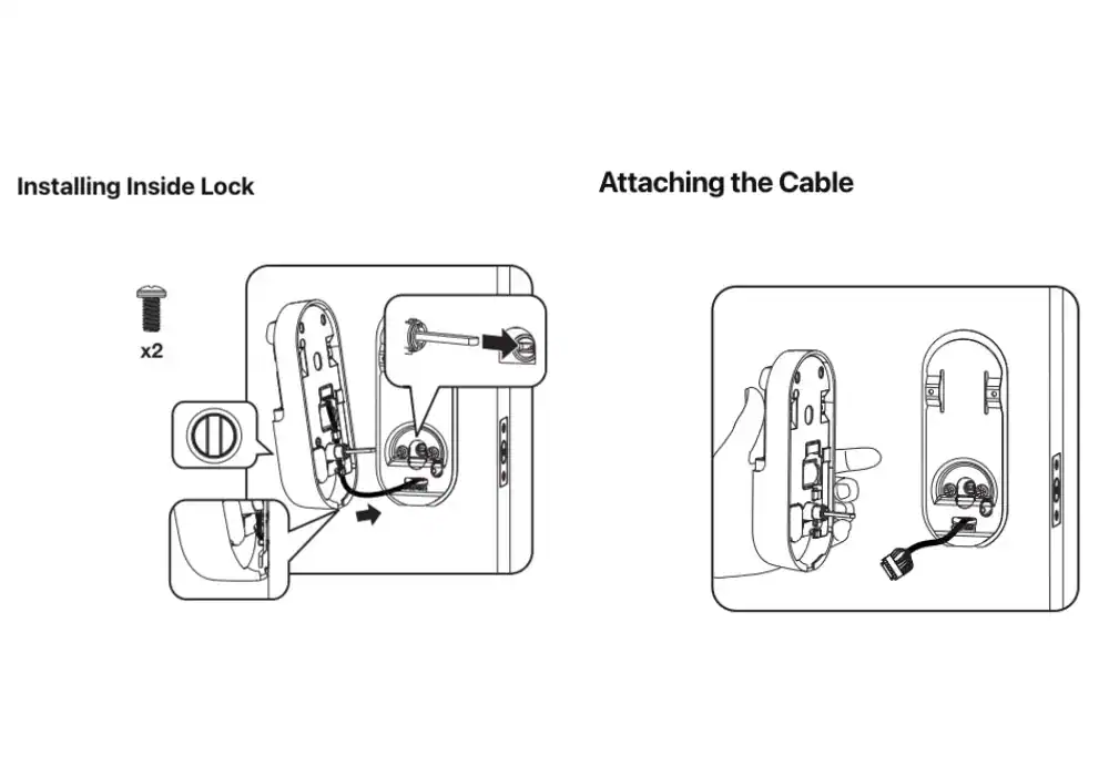 Connecting the interior assembly of a smart lock by plugging the cable from the exterior keypad into the internal connector before tightening the screws