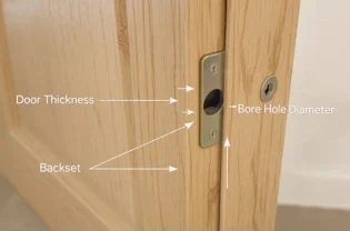Diagram showing how to measure door thickness, bore hole diameter, and backset on a standard American door for smart lock installation.