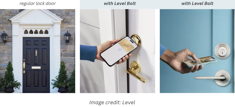Three doors showing how the Level Lock+ hides smart technology inside traditional hardware — maintaining a clean, elegant exterior while offering full Apple Home Key functionality.