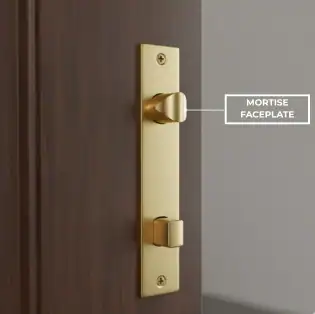 Close-up of a wooden door edge showing a mortise lock with a single long metal faceplate combining the latch and lock.