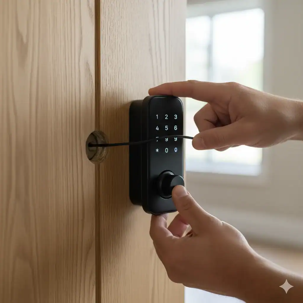 Hands installing a modern smart lock keypad on a wooden door, feeding the cable through the bore hole during setup