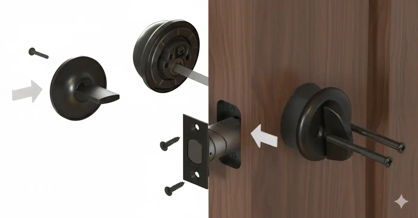 Removing the old Schlage Encode Plus deadbolt by unscrewing the interior thumbturn and separating both sides of the lock