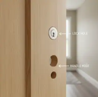Close-up of a wooden door showing a standard deadbolt setup with two circular holes — one for the lock and one for the handle.