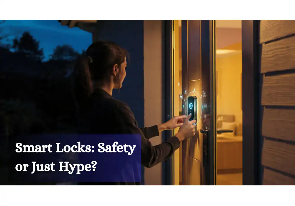 Person testing a smart lock on the front door at night, representing real home security and the question — are smart locks safe.