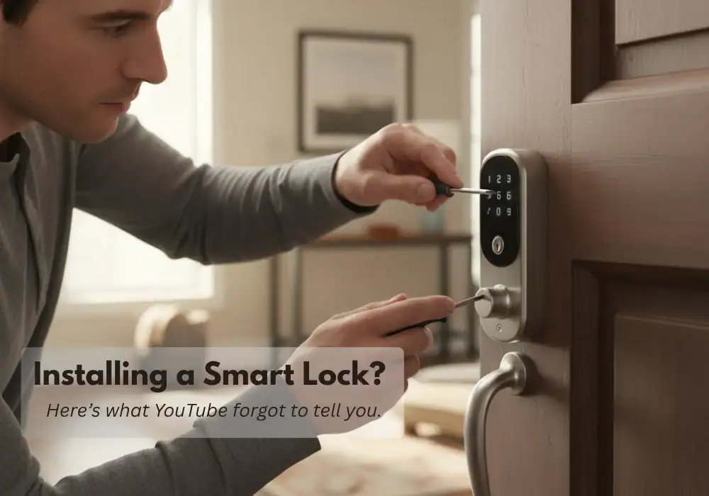 how to install a smart lock guide. Man installing a smart lock on a wooden door using a screwdriver — step-by-step home installation guide for Schlage and other brands.