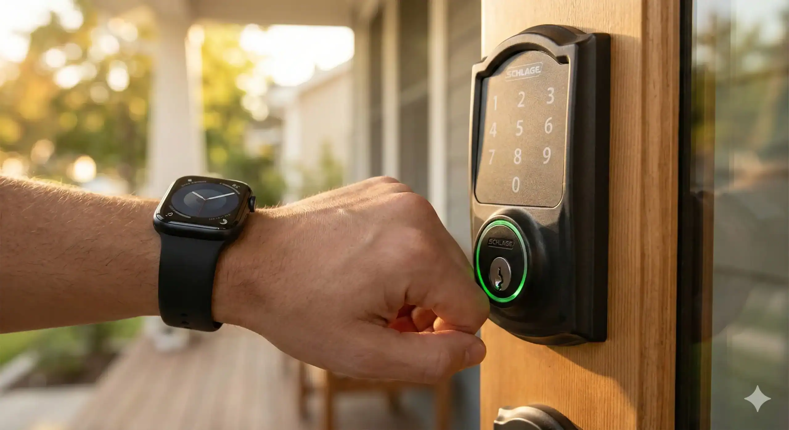 Apple Watch using Apple Home Key to unlock a Schlage Encode Plus smart lock on a modern front door.